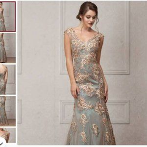 Elegant Blue-Green Lace Appliqué Maxi Dress